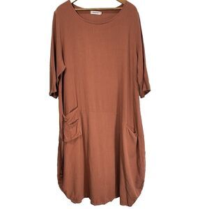 ANYSIZE Dress Lantern Midi Scoop Neck Linen Cotton Pockets Womens 120 Rust Small